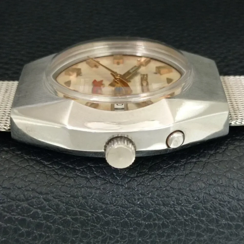 Vintage 1976 Ricoh Automatic Mens Silver Watch W/daydate & Patina accents